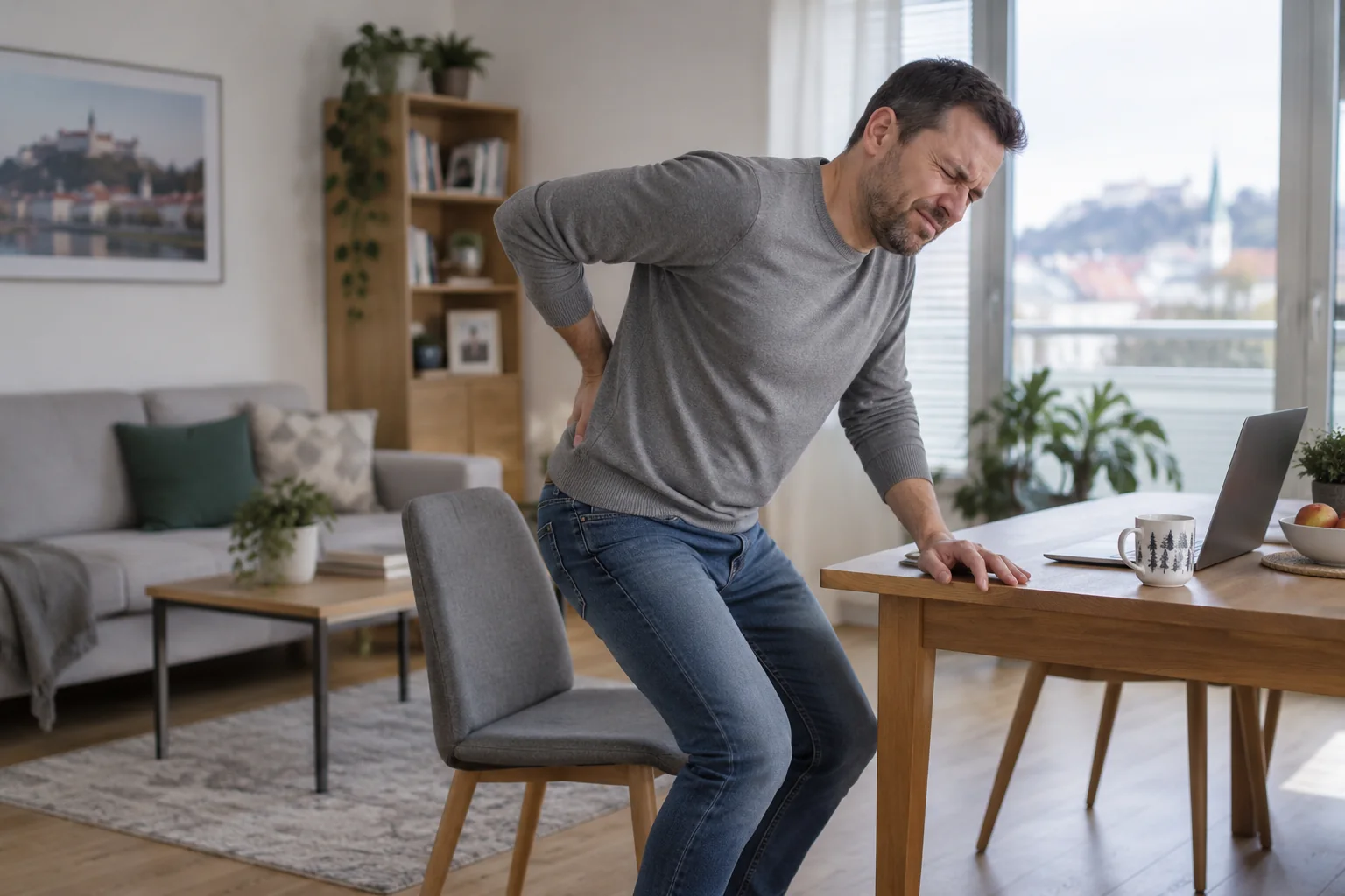 A man experiencing sudden lower back pain while standing up