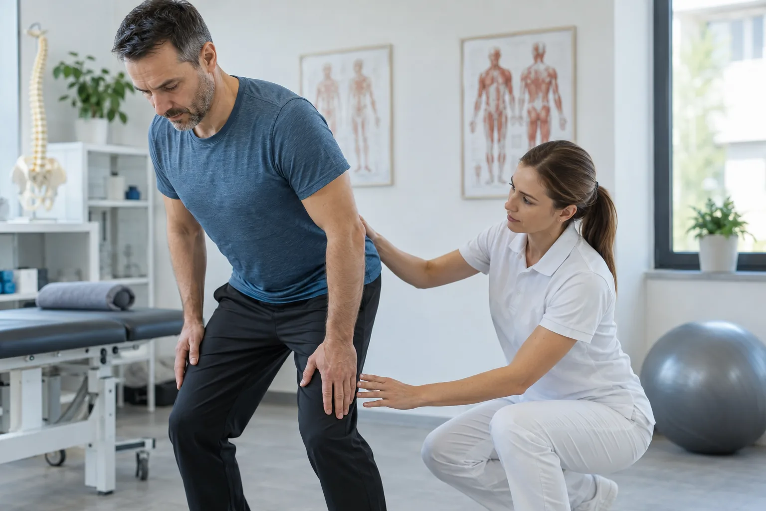 Illustratives Foto einer Physiotherapeutin und eines Patienten bei einer kontrollierten Bewegung