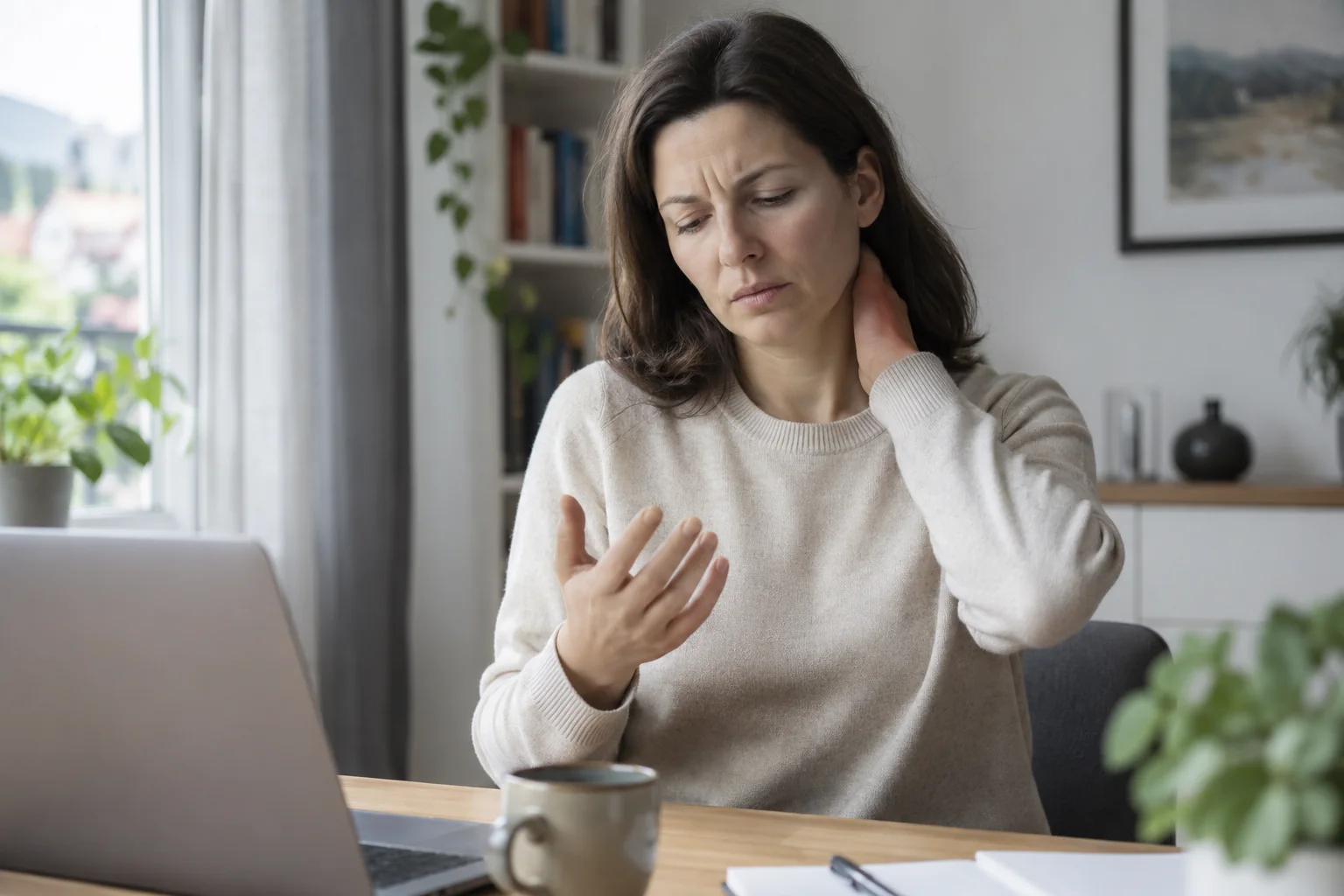 A woman experiencing discomfort in her neck and hand while working