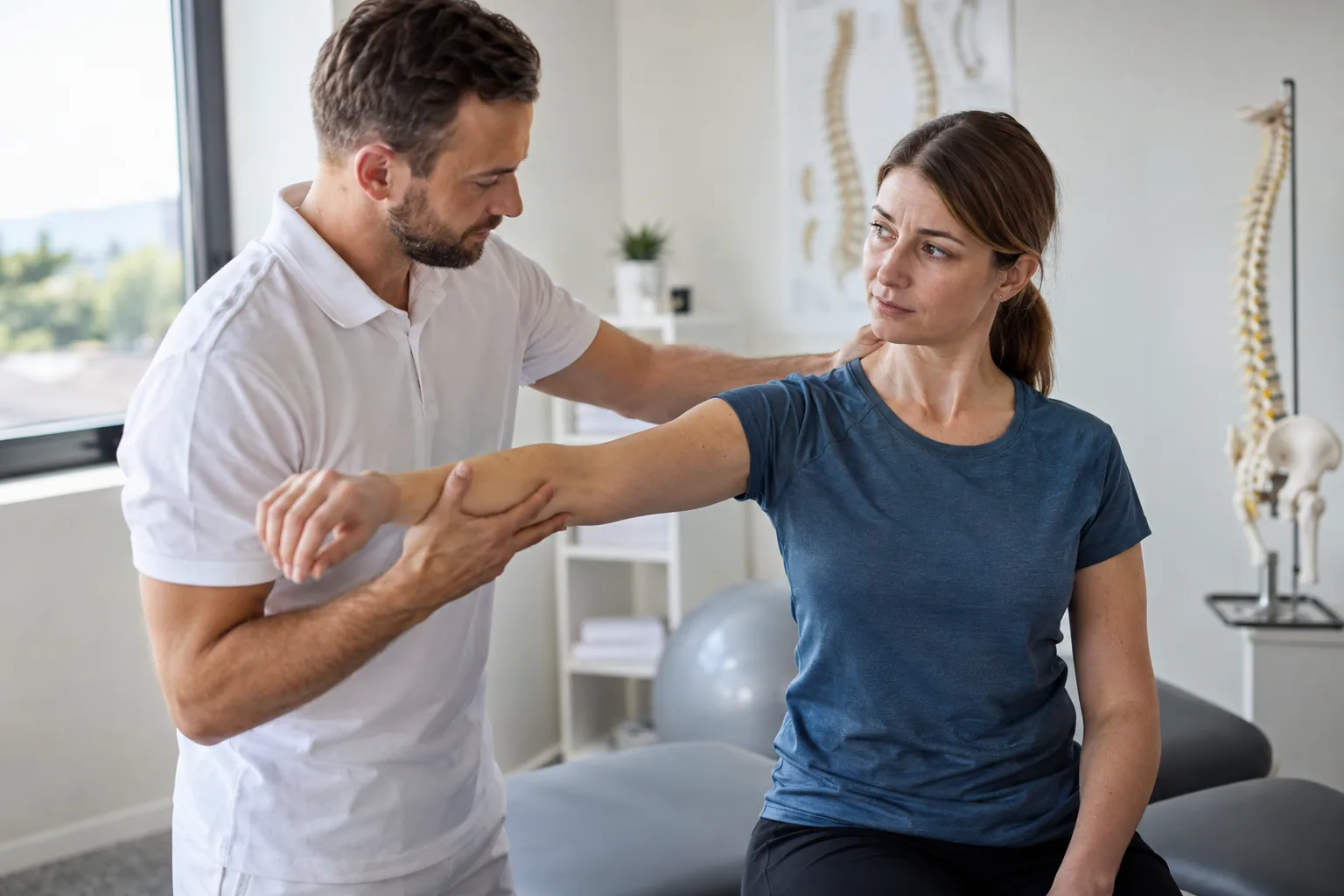 Illustrative photograph of a physiotherapist and a patient moving the shoulder and arm