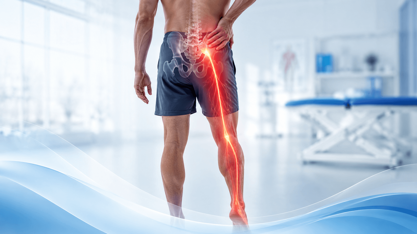 Illustration of spine pain radiating into the leg